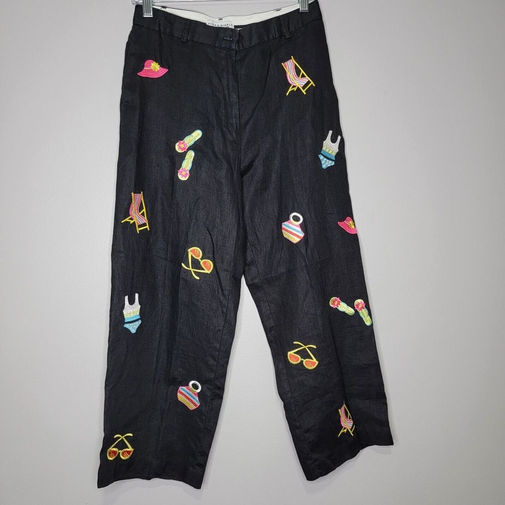 Linen Pure & Simple A Way Of Life Embroidered Beach Size 6 Black 100% Linen Pant